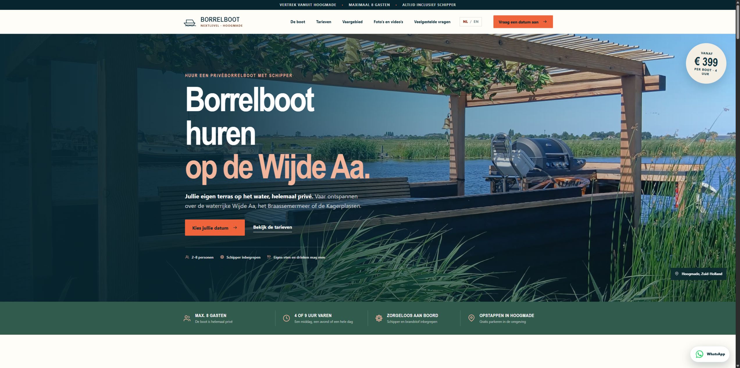 Screenshot van de actuele voorpagina van Borrelboot Nextlevel met de prijs vanaf €399