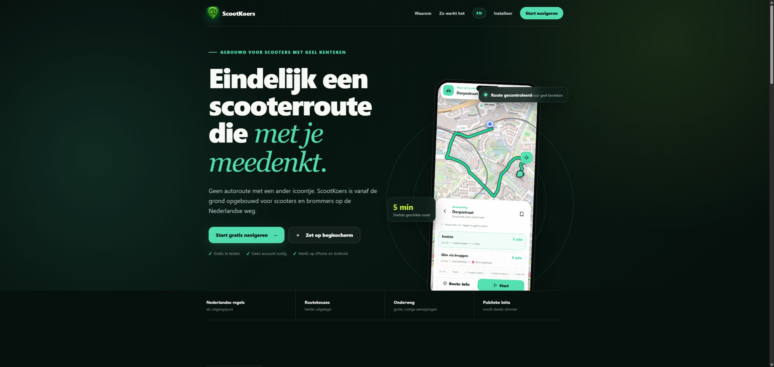 Screenshot van de ScootKoers homepage met scooternavigatie en routekeuzes voor scooters en brommers